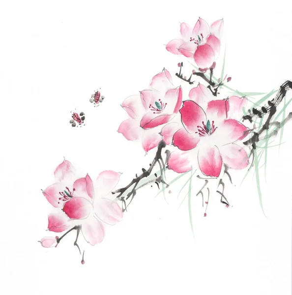 Peinture Chinoise Magnolia Fleurs Avec Des Abeilles — Photo