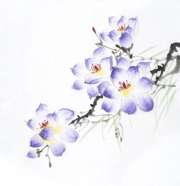 Chinese Painting Blossoming Magnolia Tree Bees — Stok Foto