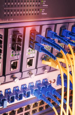 Fiber Optik kablolar optik portlara ve UTP 'ye bağlandı, ethernet portlarına bağlı ağ kabloları.