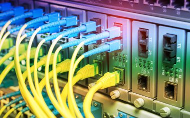 Fiber Optik kablolar optik portlara ve UTP 'ye bağlandı, ethernet portlarına bağlı ağ kabloları.