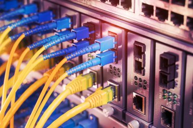 Fiber Optik kablolar ethernet portlarına bağlı optik portlara ve ağ kablolarına bağlı