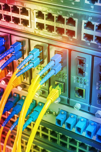 Fiber Optic Cables Connected Optic Ports Network Cables Connected Ethernet — Stock Photo, Image