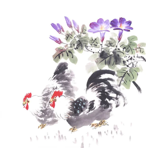 Κόκορας Και Κότα Λουλούδι Που Κινέζικο Στυλ Ζωγραφικής Σημαίνει Καλή — Φωτογραφία Αρχείου