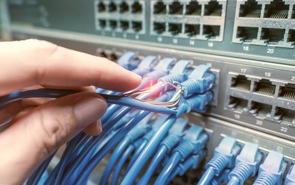 Mano Con Cable Red Trenzado Dañado Problema Con Comunicación —  Fotos de Stock