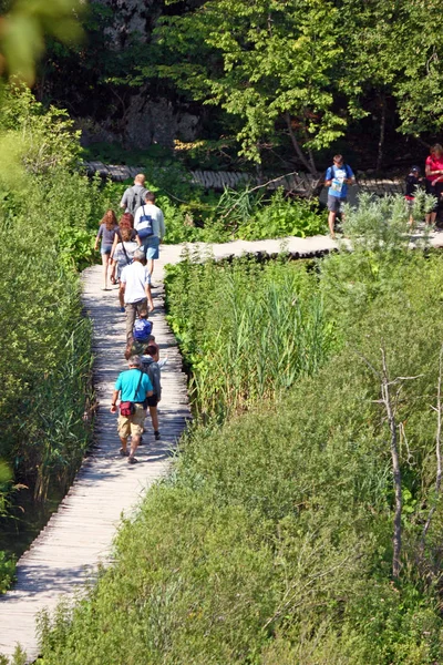 Turystów spacer na ścieżce w Plitwickich jeziorach — Zdjęcie stockowe