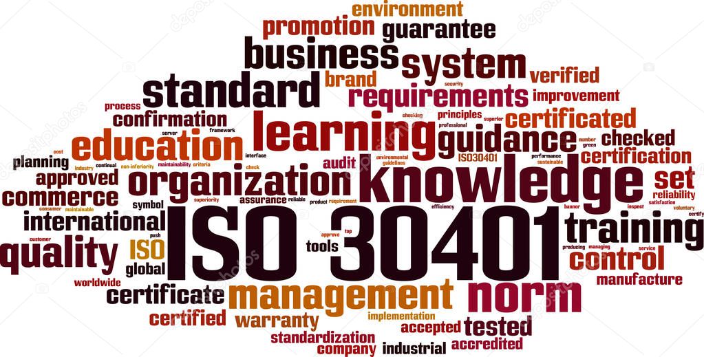 ISO 30401 word cloud concept. Vector illustration