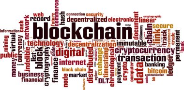 Blockchain kelime bulutu kavramı. Vektör çizim