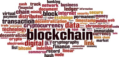 Blockchain kelime bulutu kavramı. Vektör çizim