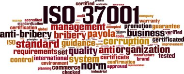 ISO 37001 kelime bulutu kavramı. Vektör çizim