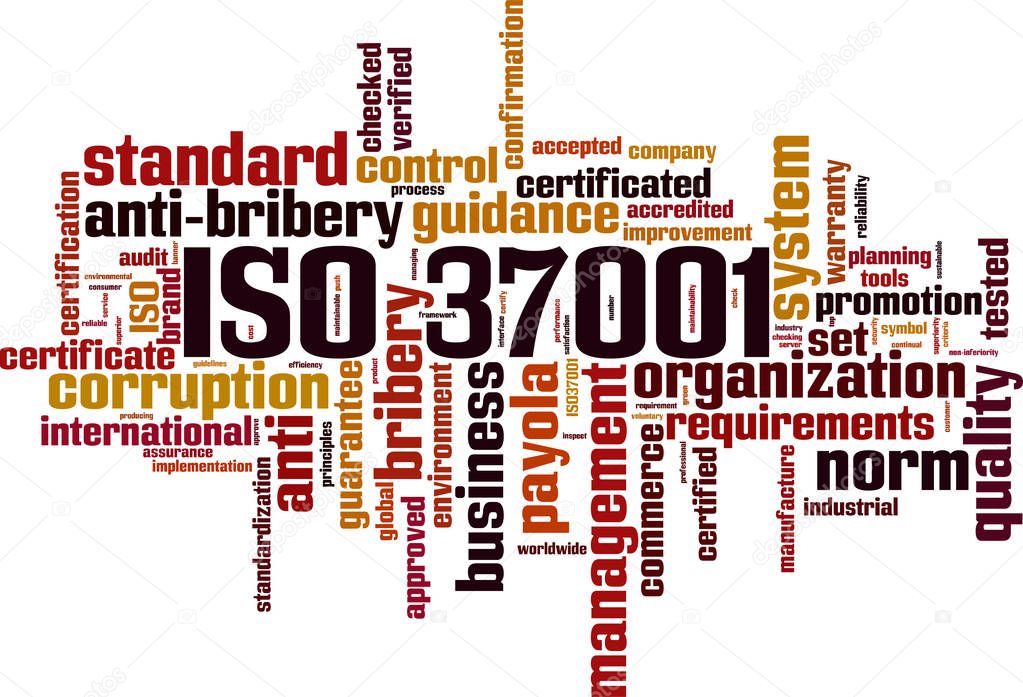 ISO 37001 word cloud concept. Vector illustration
