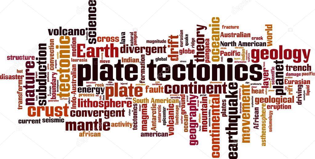 Plate tectonics word cloud concept. Collage made of words about plate tectonics. Vector illustration 