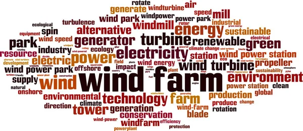 風のファームワードクラウドの概念 風力発電所についての言葉で作られたコラージュ ベクターイラスト — ストックベクタ