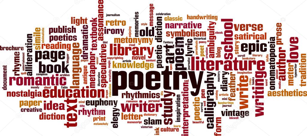 Poetry word cloud concept. Collage made of words about poetry. Vector illustration