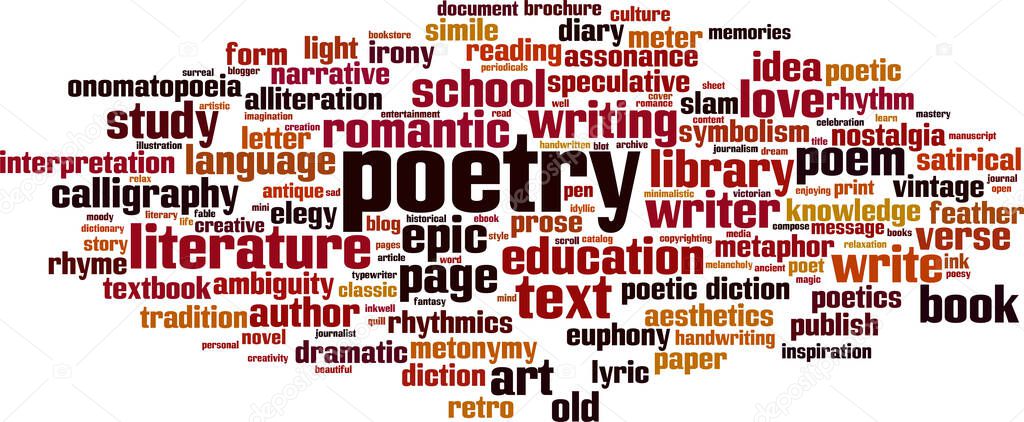 Poetry word cloud concept. Collage made of words about poetry. Vector illustration