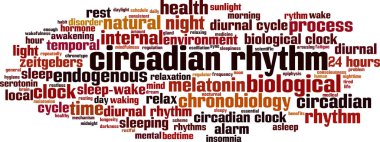 Circadian ritim kelime bulut konsepti. Kolaj, sirkadyan ritimle ilgili kelimelerden yapılmıştır. Vektör illüstrasyonu