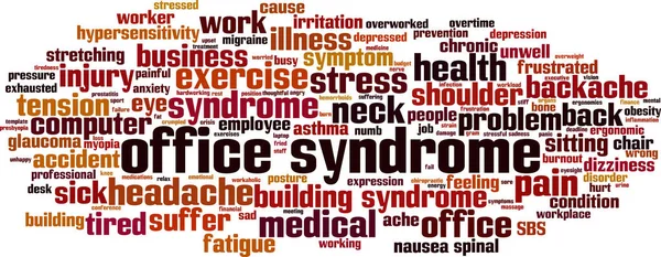 オフィス症候群ワードクラウドの概念 オフィス症候群についての言葉で作られたコラージュ ベクターイラスト — ストックベクタ