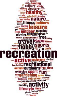 Eğlence kelime bulut konsepti. Rekreasyon hakkında kolaj yapmak. Vektör illüstrasyonu