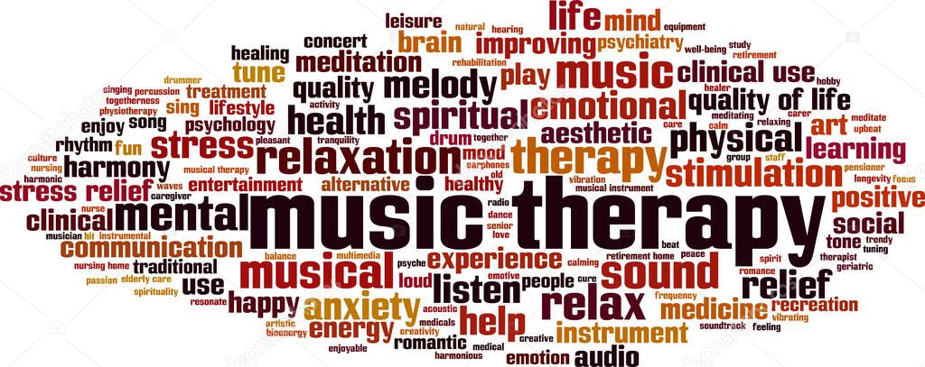 Music therapy word cloud concept. Collage made of words about music therapy. Vector illustration