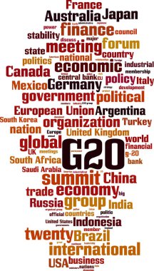 G-20 kelime bulut konsepti. G-20 ile ilgili kelimelerden oluşan kolaj. Vektör illüstrasyonu 