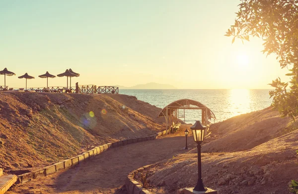 Sonnenschirme am Strand im Ferienort Ägypten. klares Wasser des roten Meeres. Beliebtes Urlaubsziel der Europäer. — Stockfoto