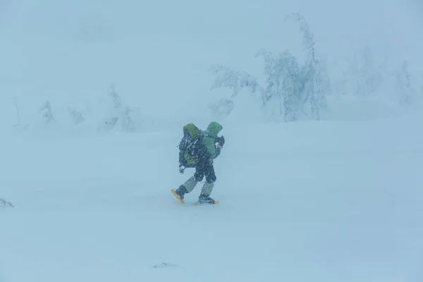 Escursionista nelle montagne invernali — Foto Stock