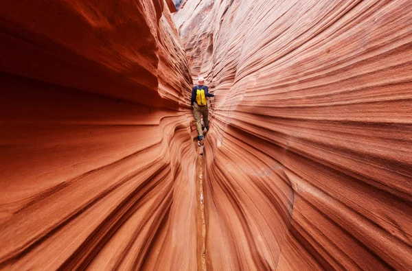 Uomo Slot canyon in Grande Scala Escalante Parco nazionale — Foto Stock