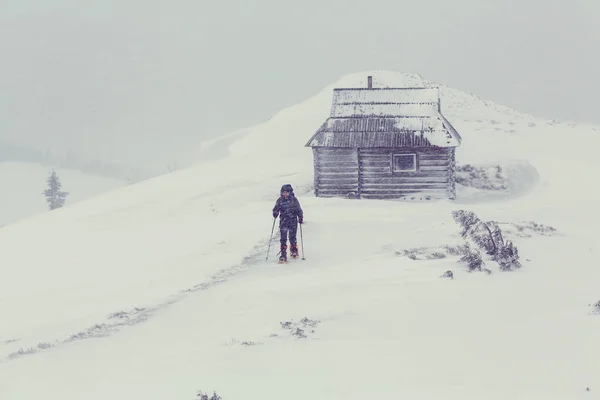 Escursionista nelle montagne invernali — Foto Stock