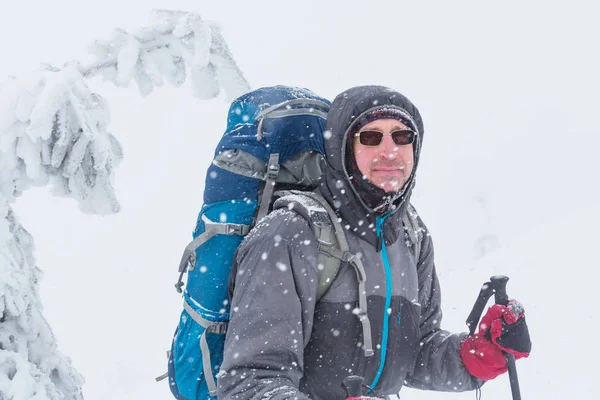 Uzun yürüyüşe çıkan kimse kış dağlarda — Stok fotoğraf