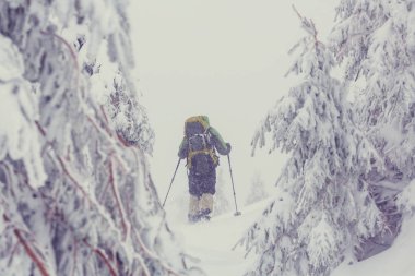 Uzun yürüyüşe çıkan kimse kış dağlarda