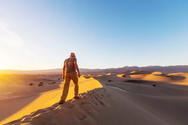 Hiker in sand desert — Stock Photo, Image