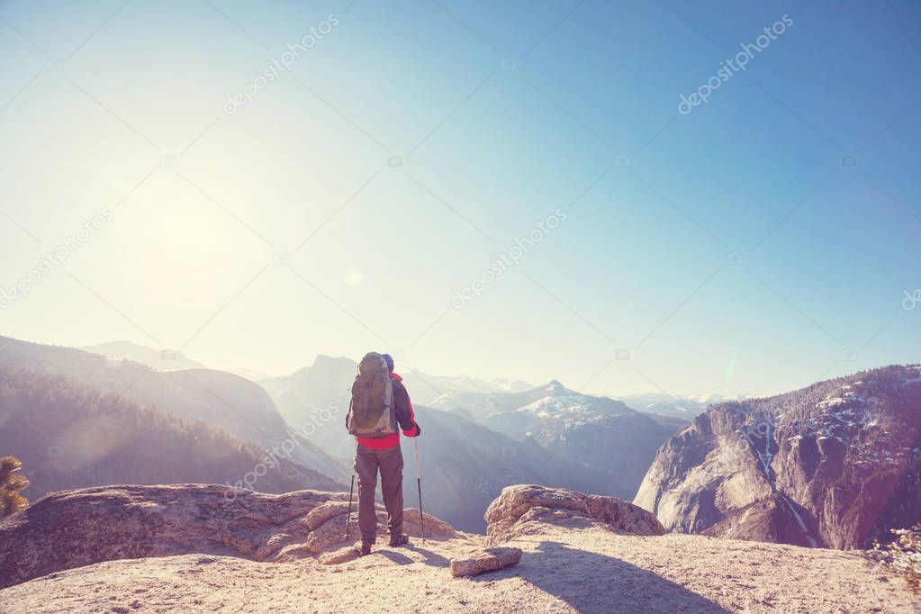 Hiker in Yosemite mountains