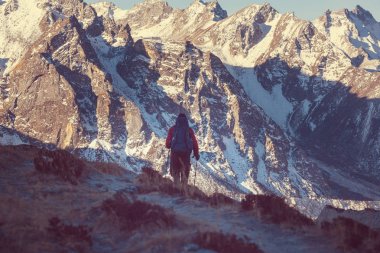 Uzun yürüyüşe çıkan kimse Himalaya dağ