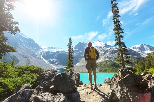 Hombre de senderismo en montañas canadienses . — Foto de Stock