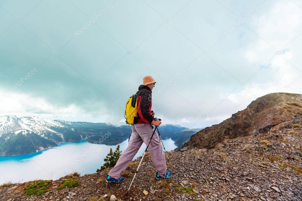 Hiking man in Canadian mountains