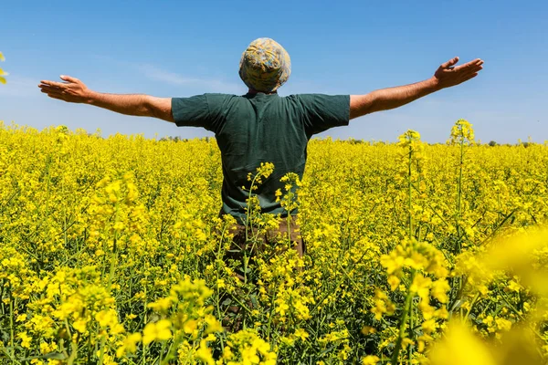 Glücklicher Mann im gelben Feld — Stockfoto