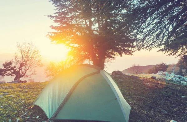 Hicker de tent in de bergen — Stockfoto