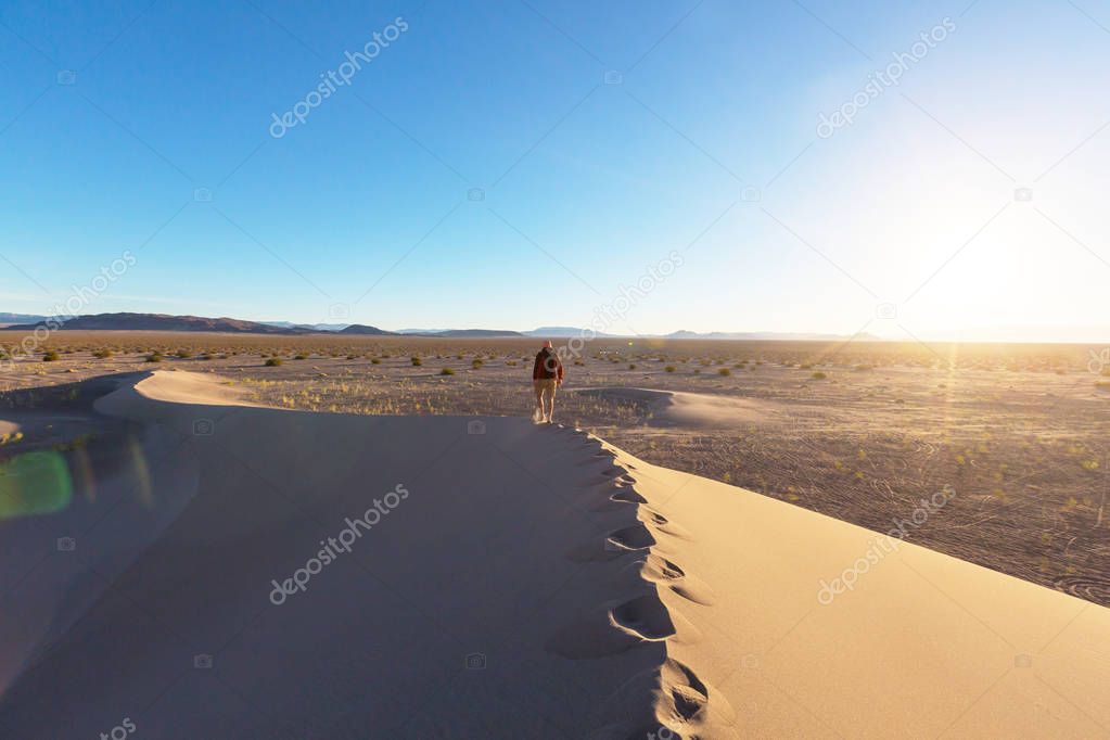Hiker in sand desert. 