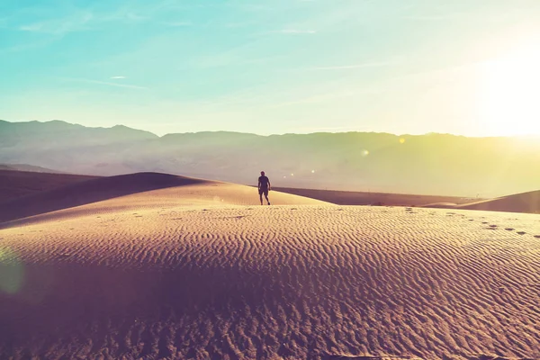 Turysta w piasek pustyni. — Zdjęcie stockowe