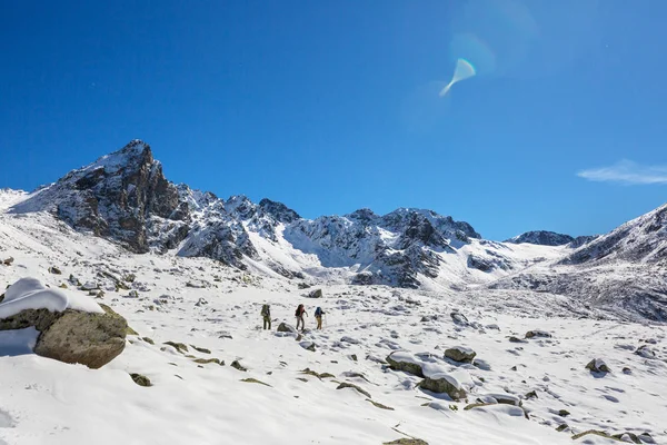 Wandelaars in de winterbergen — Stockfoto