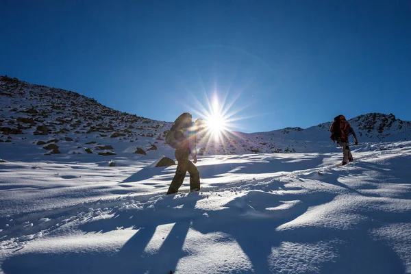 Туристы в зимних горах — стоковое фото
