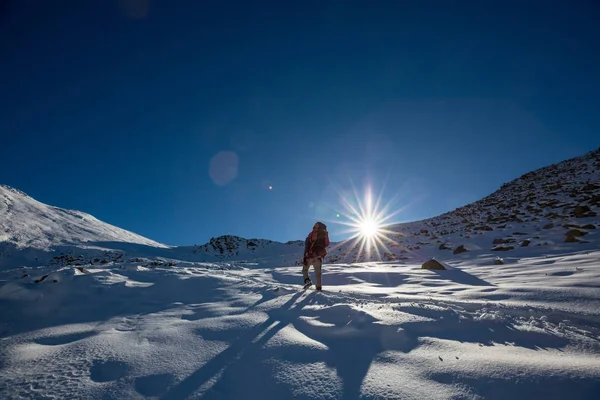 Caminhante nas montanhas de inverno — Fotografia de Stock