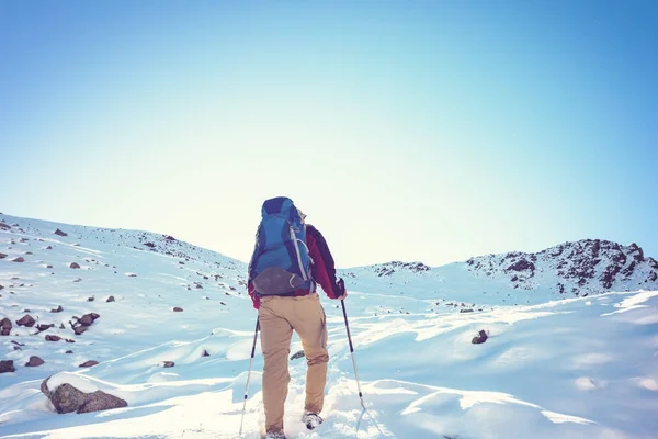 Caminhante Nas Montanhas Inverno — Fotografia de Stock