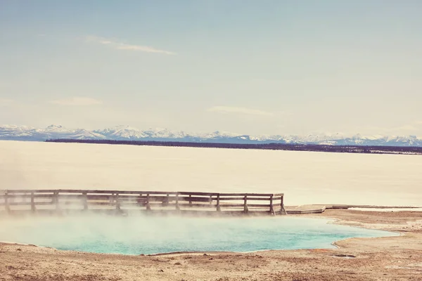 Wooden Boardwalk Geyser Fields Yellowstone National Park Usa — Stock Photo, Image