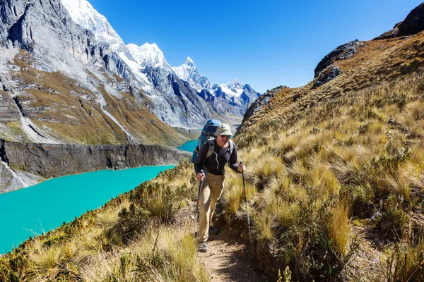 Man Hiking Three Lagoons Cordillera Huayhuash Peru — Stock Photo, Image