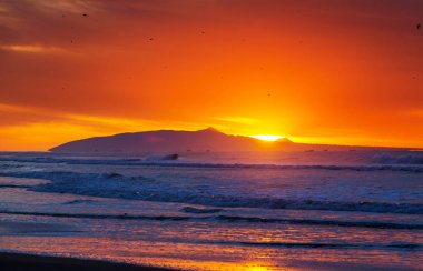 Deniz kıyısında manzara renkli gün batımı. Duvar kağıdı veya arkaplan resmi için iyi.