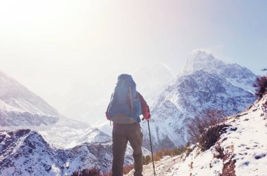 Himalayalar 'da bir yürüyüşçü. Nepal