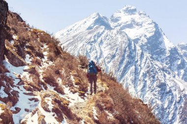 Himalayalar 'da bir yürüyüşçü. Nepal