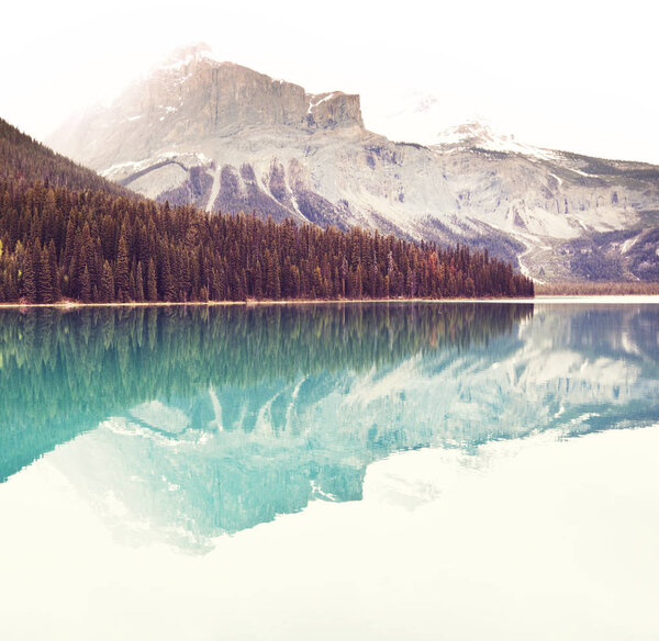 Serenity Emerald Lake in the Yoho National Park, Canada. Instagram filter