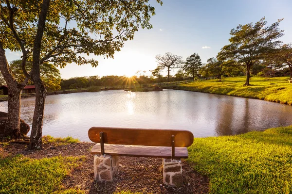 Dřevěná Lavice Krásné Zelené Jezero — Stock fotografie