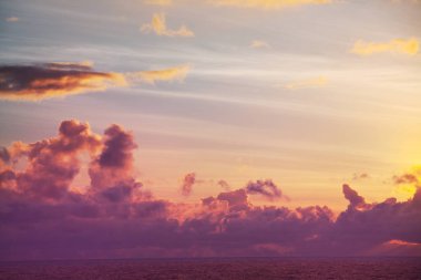 Deniz kıyısında manzara renkli gün batımı. Duvar kağıdı veya arkaplan resmi için iyi.